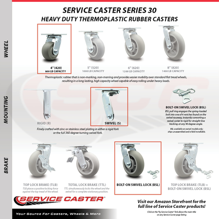 Service Caster 4 Inch SS Thermoplastic Caster Set with Ball Bearing 2 Swivel Lock 2 Brake SCC SCC-SS30S420-TPRBD-BSL-2-TLB-2